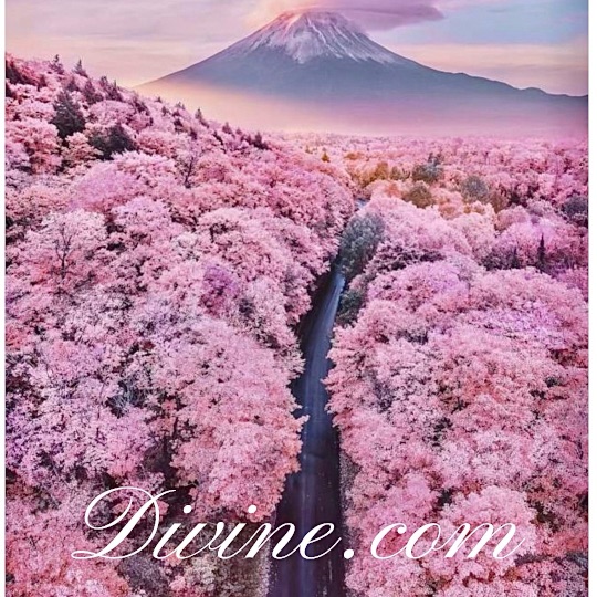 Divine.com above pink trees and a mountain
